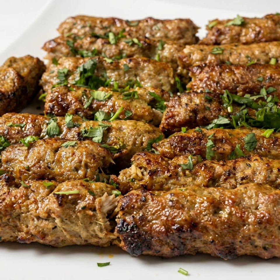 Grilled spiced meat kebabs arranged on a white platter and garnished with chopped fresh herbs.