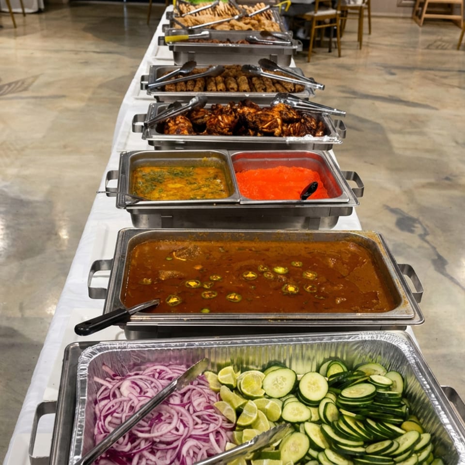 Buffet table displaying sauced meats, curries, rice, sliced cucumbers, red onions, and lime wedges in a banquet hall.