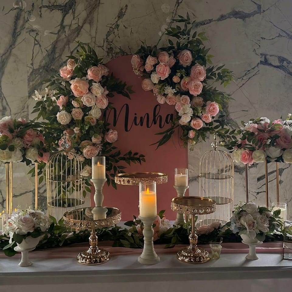 Floral event display featuring pink roses, candles, birdcages, greenery, and a scripted “Ninha” backdrop.